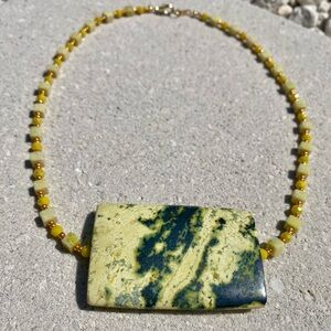Handmade Serpentine/Yellow Turquoise & Crystal Beaded Pendant Necklace